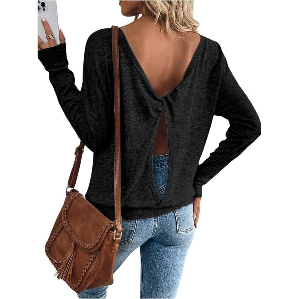Women's Black Backless Twist Top Long Sleeve Casual Office Bold Style